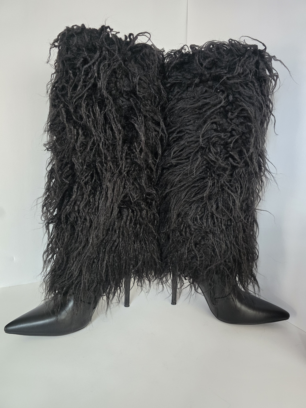 Black Faux Fur Knee-High Stiletto Boots - Women's